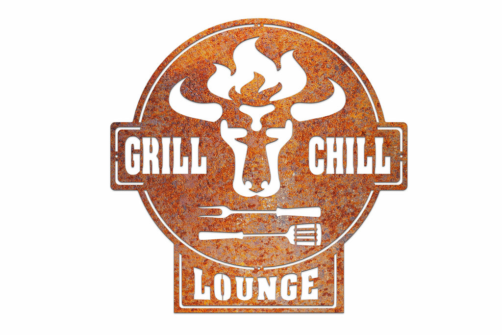 Gartenschild | Grill Schild | Bulle + Grill & Chill Lounge | Stahl  Massiv*